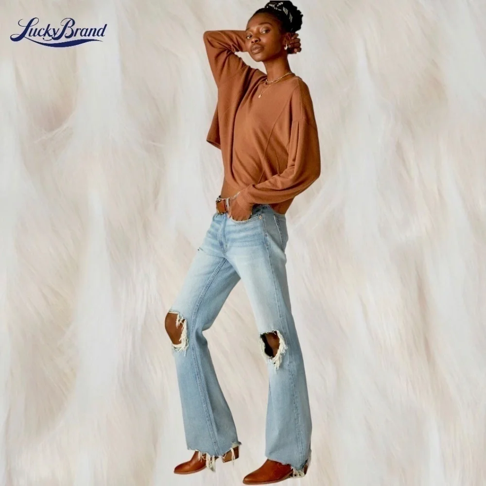 LUCKY BRAND Cloud Jersey Exposed Seam Relaxed Long Sleeve Top-Caramel/Lg/NWT